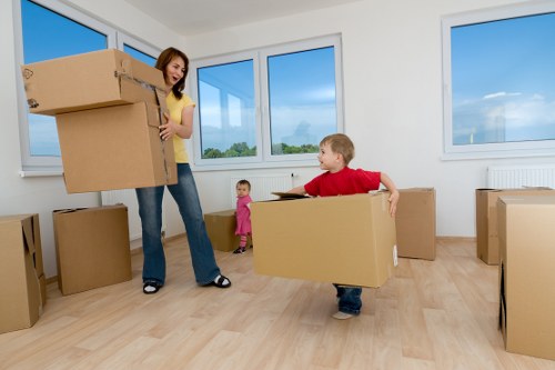 Surrey office removals preparation with labelled boxes and furniture